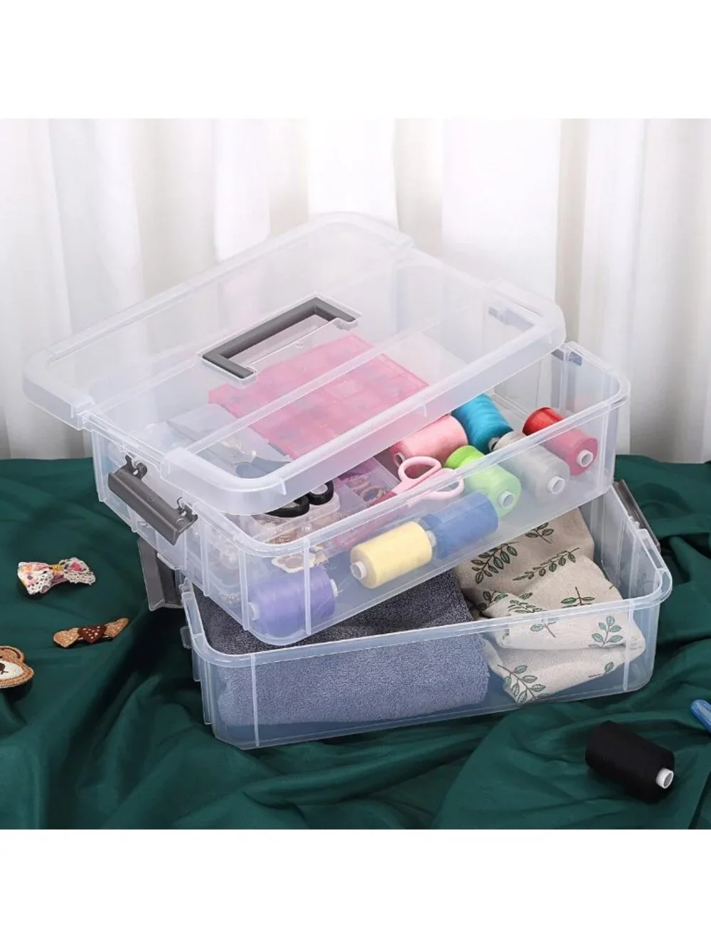 Clear Stackable 2-Tier Storage Containers with Handle | Craft & Office Organizer